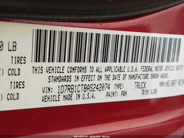 45925105 :رقم المزاد ، 1D7RB1CT8AS242074 vin ، 2010 Dodge Ram 1500 Laramie مزاد بيع