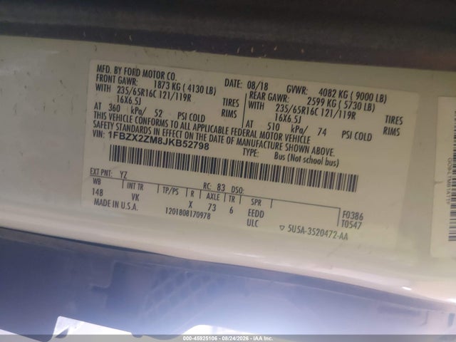 2018 Ford Transit-350 Xl მანქანა იყიდება აუქციონზე, vin: 1FBZX2ZM8JKB52798, აუქციონის ნომერი: 45925106
