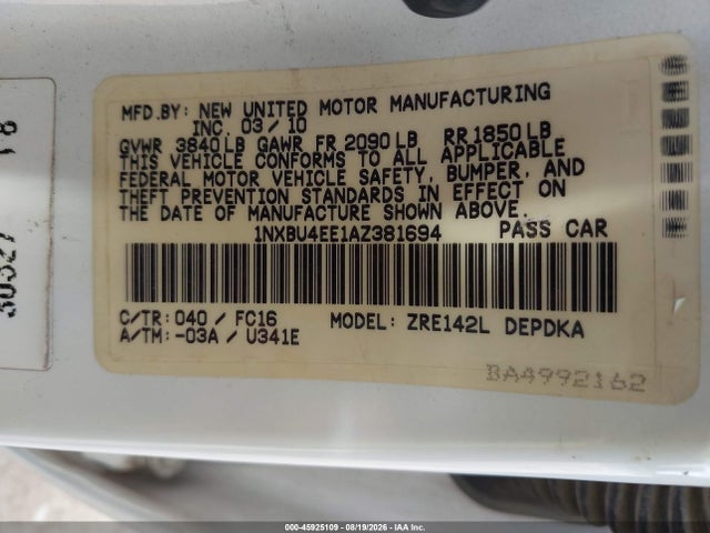 Продажа на аукционе авто 2010 Toyota Corolla Le, vin: 1NXBU4EE1AZ381694, номер лота: 45925109