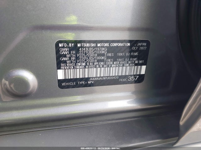 45925113 :رقم المزاد ، JA4ARUAU9PU000420 vin ، 2023 Mitsubishi Outlander Sport 2.0 Es Awc/2.0 Le Awc/2.0 Ralliart Awc/2.0 S Awc/2.0 Se Awc مزاد بيع