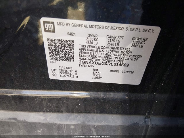 Aukcja sprzedaży 2024 Chevrolet Equinox Awd Lt, vin: 3GNAXUEG0RL314669, numer aukcji: 45925114
