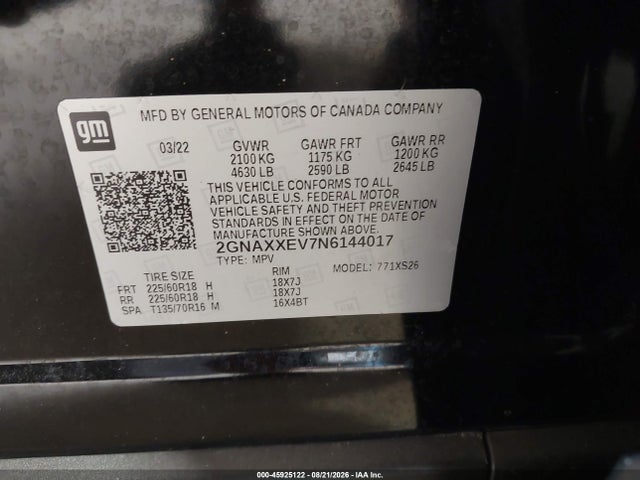 45925122 :رقم المزاد ، 2GNAXXEV7N6144017 vin ، 2022 Chevrolet Equinox Awd Premier مزاد بيع