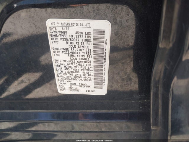Aukcja sprzedaży 2012 Nissan Rogue Sv, vin: JN8AS5MV7CW700363, numer aukcji: 45925123