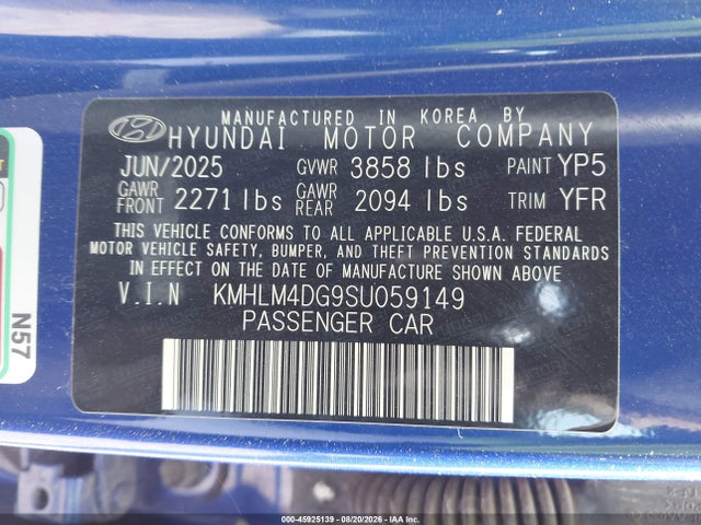 Aukcja sprzedaży 2025 Hyundai Elantra Sel Sport, vin: KMHLM4DG9SU059149, numer aukcji: 45925139