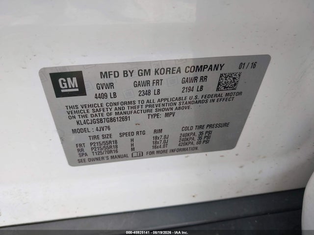 Продажа на аукционе авто 2016 Buick Encore Leather, vin: KL4CJGSB7GB612691, номер лота: 45925141