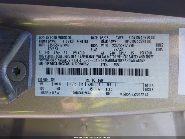 Ford ESCAPE SE 2018 1FMCU9GD8JUD08652 Image 9