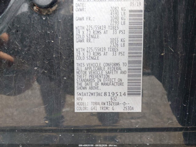 Aukcja sprzedaży 2019 Nissan Rogue Sl, vin: 5N1AT2MT3KC819514, numer aukcji: 45925150