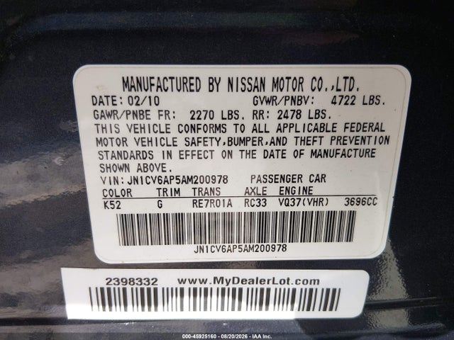 Продаж на аукціоні авто 2010 Infiniti G37 Journey, vin: JN1CV6AP5AM200978, номер лоту: 45925160