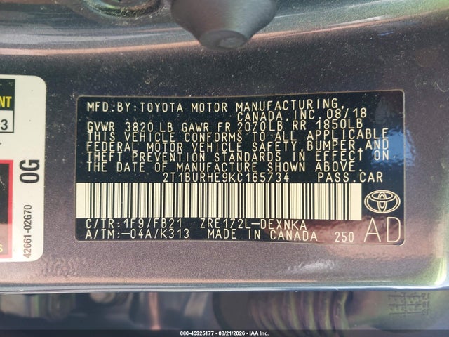 Aukcja sprzedaży 2019 Toyota Corolla Le, vin: 2T1BURHE9KC165734, numer aukcji: 45925177