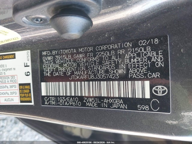 Продаж на аукціоні авто 2018 Toyota Prius Four, vin: JTDKARFU8J3057423, номер лоту: 45925186