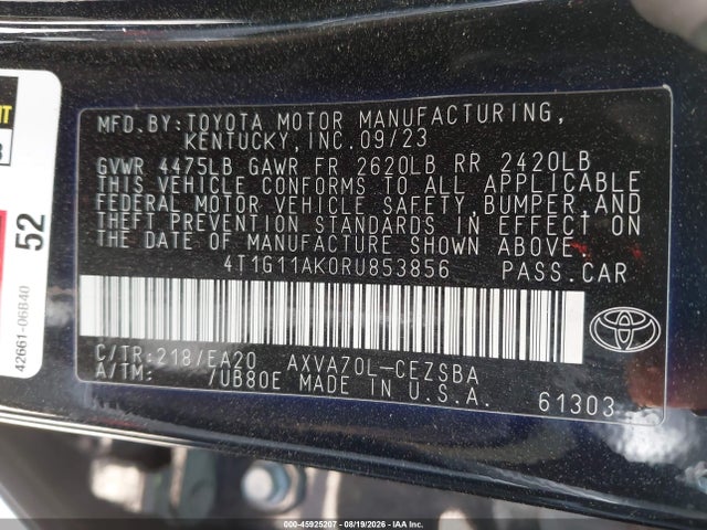 2024 Toyota Camry Se მანქანა იყიდება აუქციონზე, vin: 4T1G11AK0RU853856, აუქციონის ნომერი: 45925207