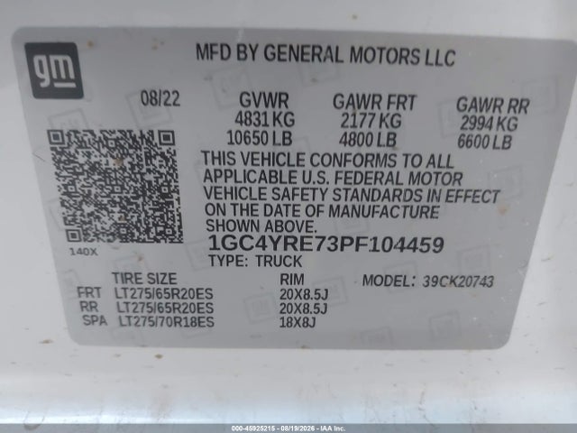 Aukcja sprzedaży 2023 Chevrolet Silverado 2500hd 4wd  Standard Bed High Country, vin: 1GC4YRE73PF104459, numer aukcji: 45925215