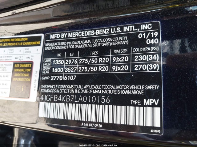 2020 Mercedes-benz Gle 350 4matic მანქანა იყიდება აუქციონზე, vin: 4JGFB4KB7LA010156, აუქციონის ნომერი: 45925237