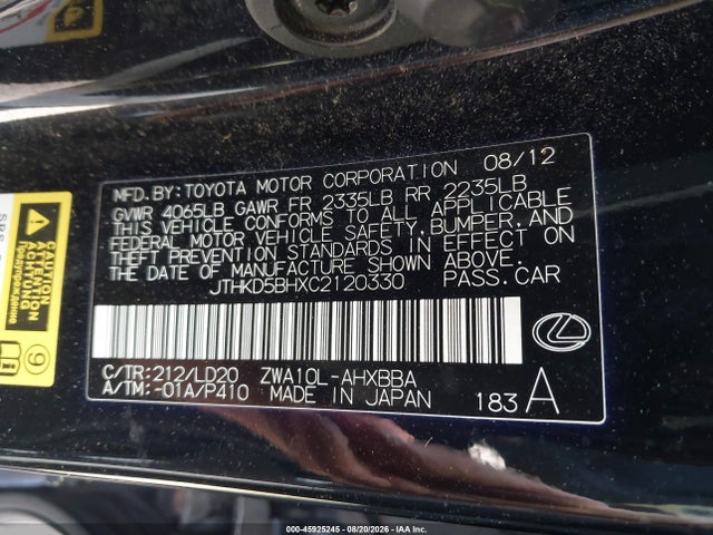 45925245 :رقم المزاد ، JTHKD5BHXC2120330 vin ، 2012 Lexus Ct 200h Premium مزاد بيع
