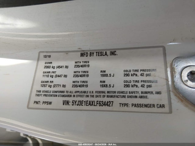 Продаж на аукціоні авто 2020 Tesla Model 3 Standard Range Plus Rear-wheel Drive/standard Range Rear-wheel Drive, vin: 5YJ3E1EAXLF634427, номер лоту: 45925247