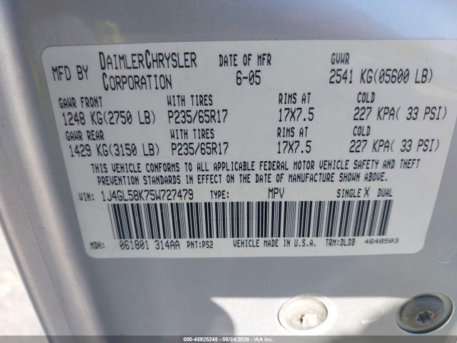 Продаж на аукціоні авто 2005 Jeep Liberty Limited Edition, vin: 1J4GL58K75W727479, номер лоту: 45925248