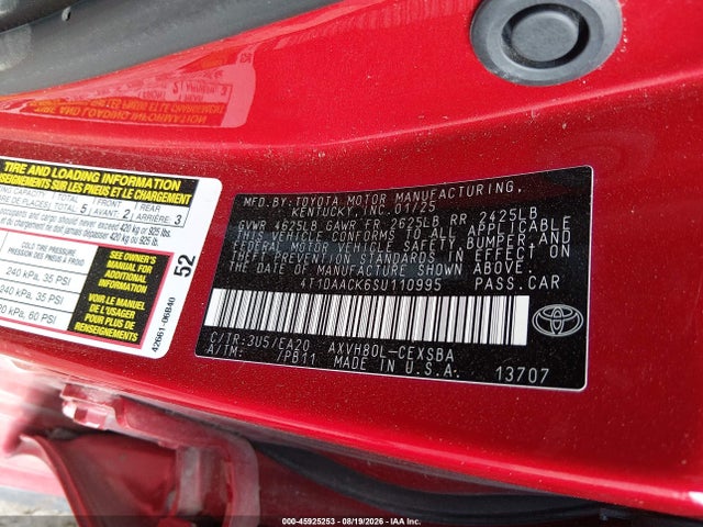 Aukcja sprzedaży 2025 Toyota Camry Se, vin: 4T1DAACK6SU110995, numer aukcji: 45925253