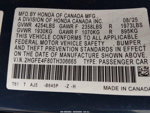 Продажа на аукционе авто 2026 Honda Civic Hybrid Sport/sport Touring, vin: 2HGFE4F80TH306665, номер лота: 45925262