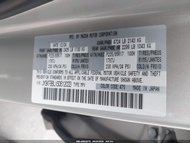Aukcja sprzedaży 2025 Mazda Cx-5 2.5 S Select, vin: JM3KFBBLXS0612033, numer aukcji: 45925275