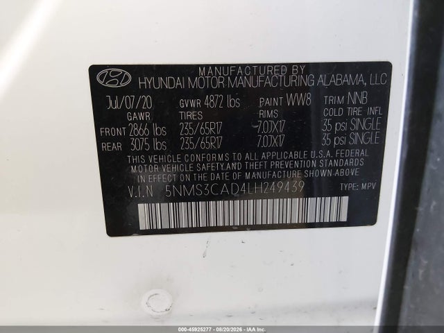 Продаж на аукціоні авто 2020 Hyundai Santa Fe Sel, vin: 5NMS3CAD4LH249439, номер лоту: 45925277