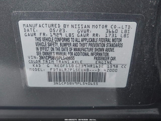 Продажа на аукционе авто 2023 Nissan Kicks S Xtronic Cvt, vin: 3N1CP5BV9PL540655, номер лота: 45925278
