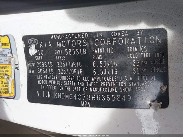 45925283 :رقم المزاد ، KNDMG4C73B6365849 vin ، 2011 Kia Sedona Lx مزاد بيع