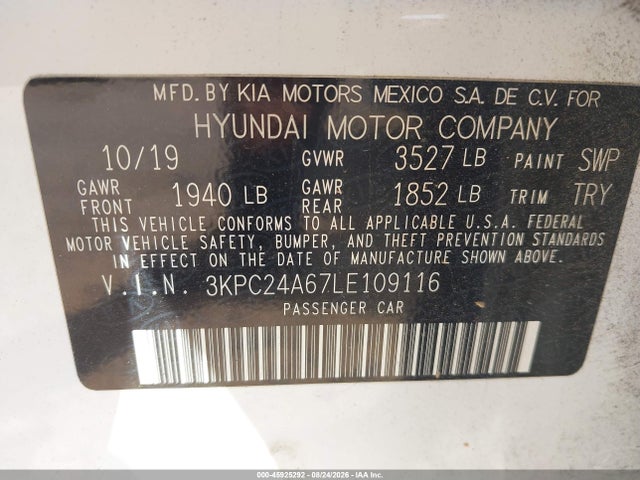 2020 Hyundai Accent Se მანქანა იყიდება აუქციონზე, vin: 3KPC24A67LE109116, აუქციონის ნომერი: 45925292