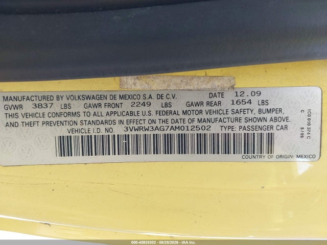 Aukcja sprzedaży 2010 Volkswagen New Beetle 2.5l, vin: 3VWRW3AG7AM012502, numer aukcji: 45925302