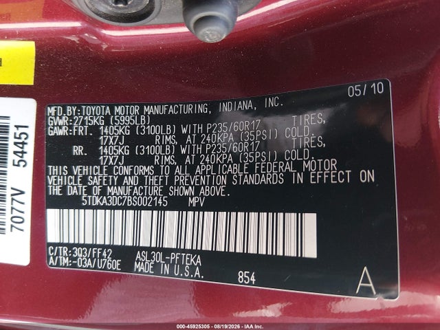 Aukcja sprzedaży 2011 Toyota Sienna, vin: 5TDKA3DC7BS002145, numer aukcji: 45925305