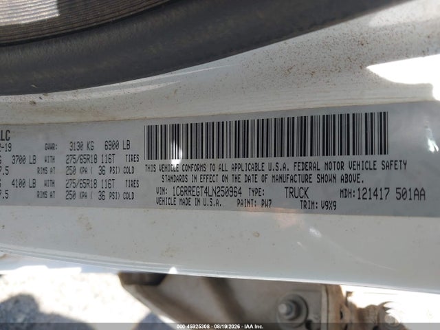 45925308 :رقم المزاد ، 1C6RREGT4LN250964 vin ، 2020 Ram 1500 Tradesman  4x2 5'7 Box مزاد بيع