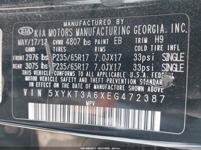 2014 Kia Sorento Lx მანქანა იყიდება აუქციონზე, vin: 5XYKT3A6XEG472387, აუქციონის ნომერი: 45925311