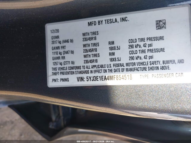 Tesla Model 3 Standard Range Plus Rear-wheel Drive 2021 5YJ3E1EA4MF854518 Image 9