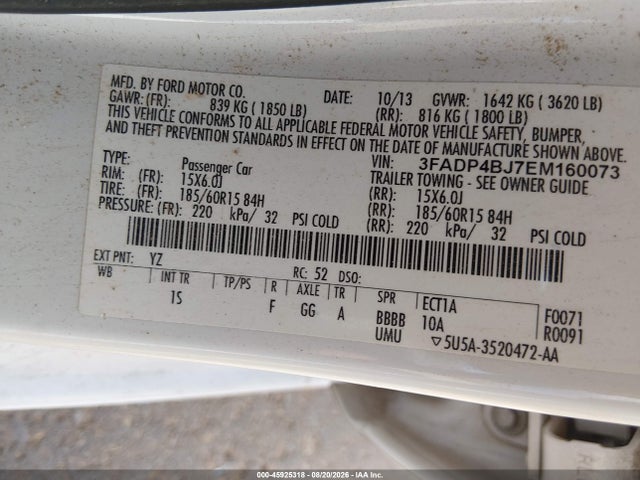 2014 Ford Fiesta Se მანქანა იყიდება აუქციონზე, vin: 3FADP4BJ7EM160073, აუქციონის ნომერი: 45925318
