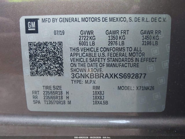 2019 Chevrolet Blazer მანქანა იყიდება აუქციონზე, vin: 3GNKBBRAXKS692877, აუქციონის ნომერი: 45925326