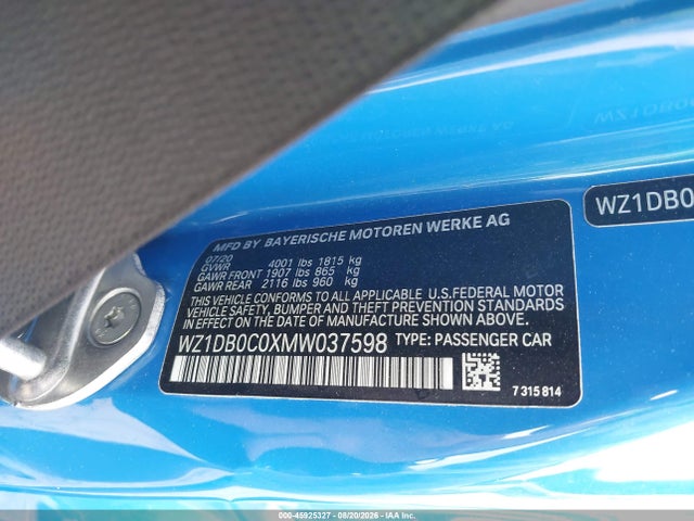 45925327 :رقم المزاد ، WZ1DB0C0XMW037598 vin ، 2021 Toyota Gr Supra A91 Edition مزاد بيع