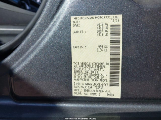 Nissan Altima 2.5 Sv 2019 1N4BL4DW0KN305497 Image 9