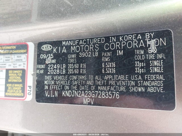 45925331 :رقم المزاد ، KNDJN2A23G7283576 vin ، 2016 Kia Soul مزاد بيع