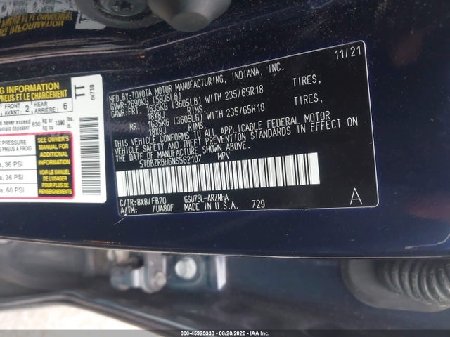45925333 :رقم المزاد ، 5TDBZRBH6NS562107 vin ، 2022 Toyota Highlander Le مزاد بيع