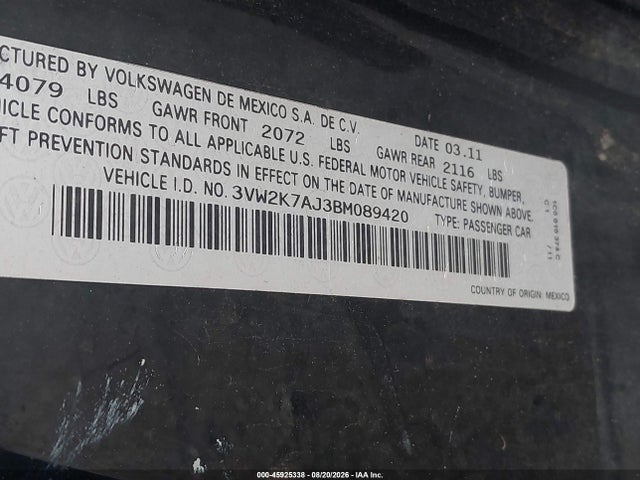 2011 Volkswagen Jetta 2.0l S მანქანა იყიდება აუქციონზე, vin: 3VW2K7AJ3BM089420, აუქციონის ნომერი: 45925338