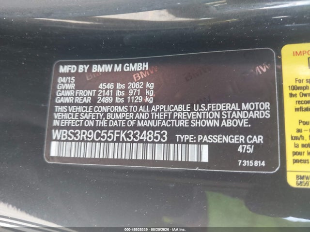 Aukcja sprzedaży 2015 Bmw M4, vin: WBS3R9C55FK334853, numer aukcji: 45925339