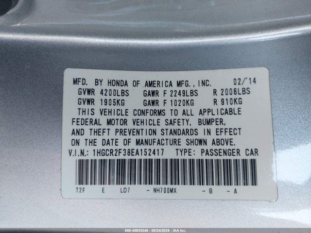 Honda ACCORD LX 2014 1HGCR2F38EA152417 Image 9