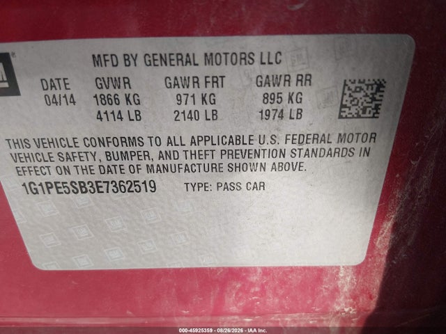 45925359 :رقم المزاد ، 1G1PE5SB3E7362519 vin ، 2014 Chevrolet Cruze 2lt Auto مزاد بيع