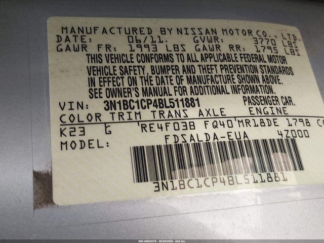 Продаж на аукціоні авто 2011 Nissan Versa 1.8s, vin: 3N1BC1CP4BL511881, номер лоту: 45925379