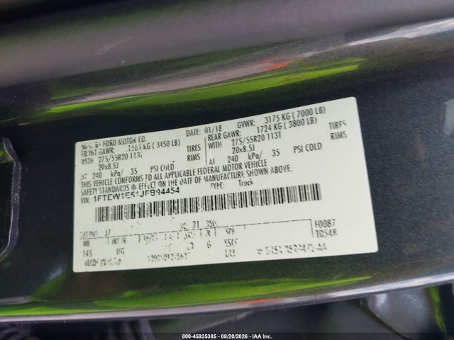 45925385 :رقم المزاد ، 1FTEW1E51JFB94454 vin ، 2018 Ford F-150 Supercrew مزاد بيع