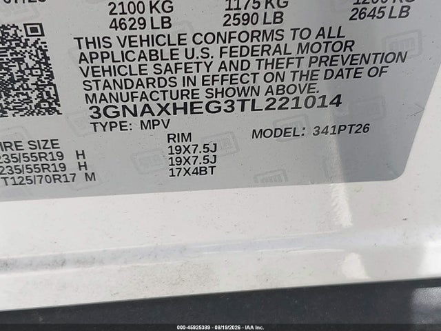 Aukcja sprzedaży 2026 Chevrolet Equinox Fwd Lt, vin: 3GNAXHEG3TL221014, numer aukcji: 45925389