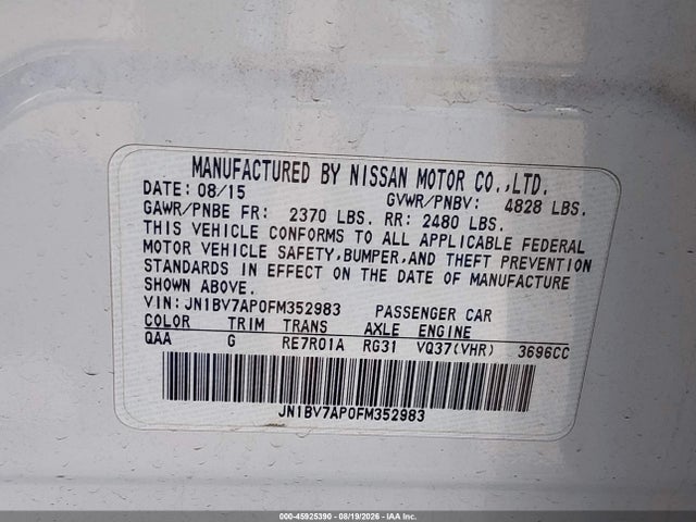 2015 Infiniti Q50 Premium მანქანა იყიდება აუქციონზე, vin: JN1BV7AP0FM352983, აუქციონის ნომერი: 45925390