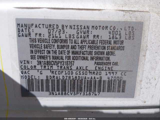 Продажа на аукционе авто 2023 Nissan Sentra Sv Xtronic Cvt, vin: 3N1AB8CV5PY318767, номер лота: 45925391