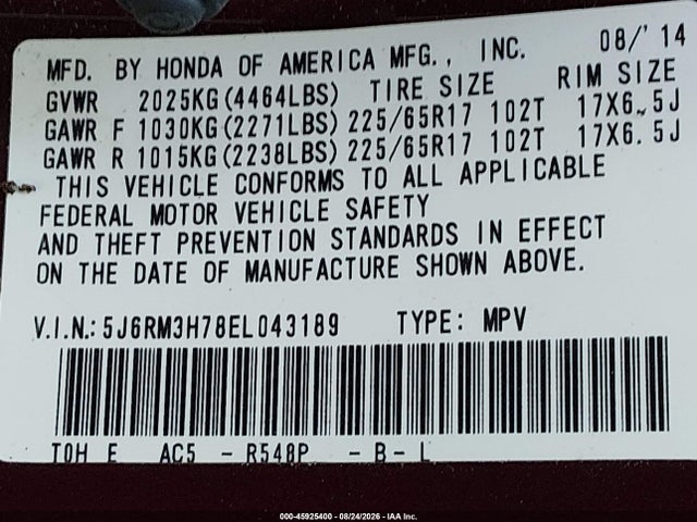 Honda Cr-v Ex-l 2014 5J6RM3H78EL043189 Image 9