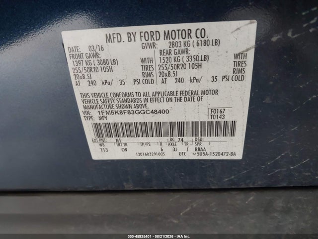 Ford Explorer Limited 2016 1FM5K8F83GGC48400 Image 9