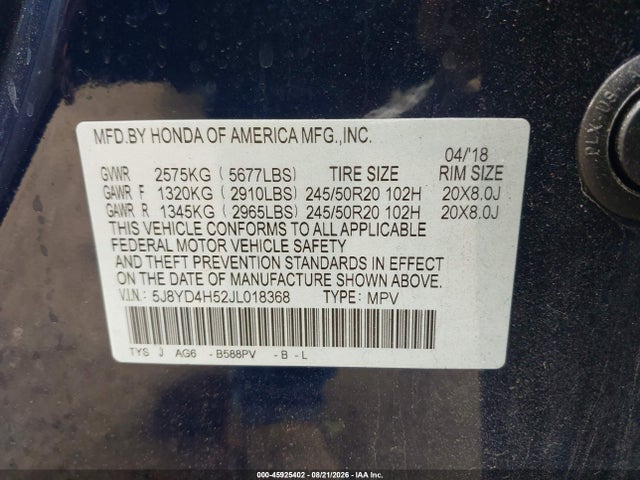Aukcja sprzedaży 2018 Acura Mdx Technology Package   Acurawatch Plus Pkg, vin: 5J8YD4H52JL018368, numer aukcji: 45925402